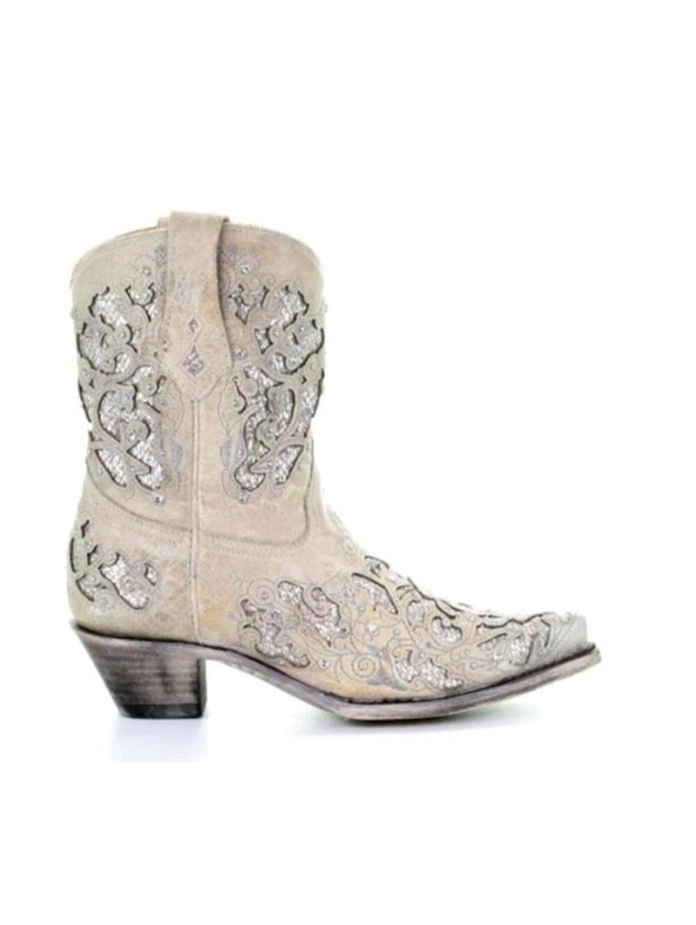 Corral Ladies Mariah White Glitter Inlay & Crystals Ankle Boots A3550 Sz 5
